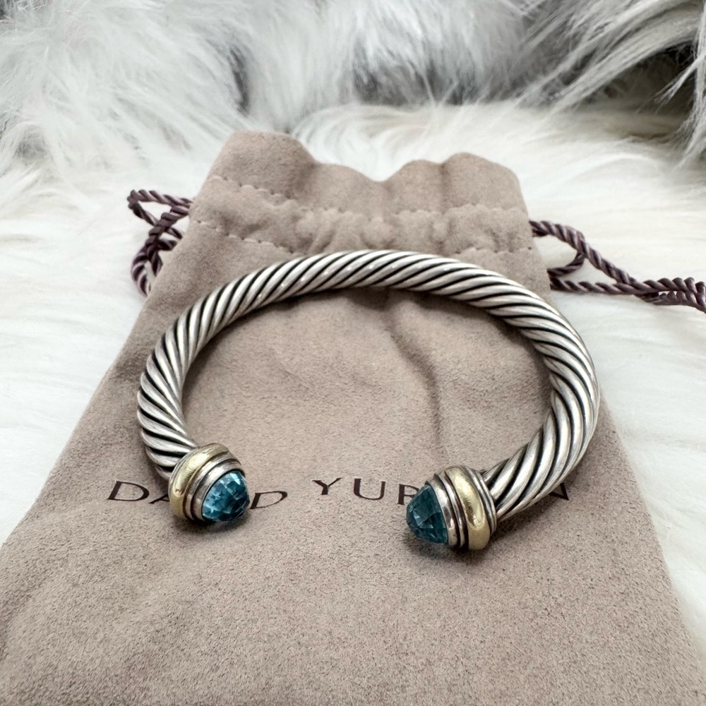 David Yurman 7mm Blue Topaz Cable Classic Cuff Bracelet .925/14K Gold - Picture 4 of 10